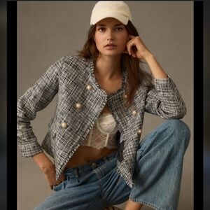 Anthropologie Maeve Double-Breasted Tweed Blazer Jacket